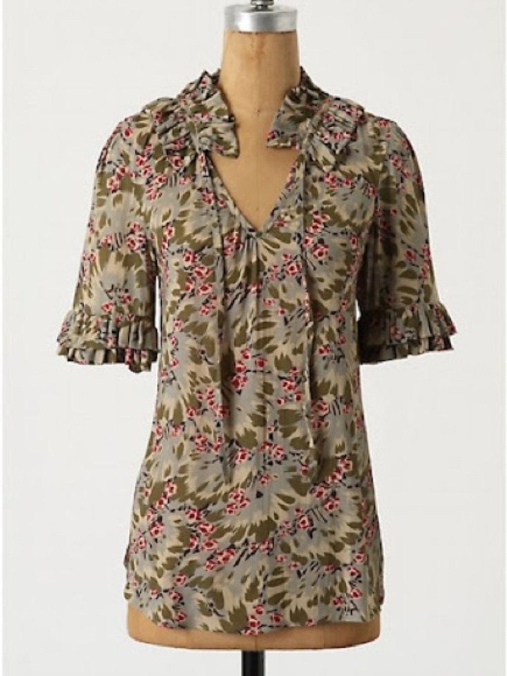 ODILLE Anthropologie Bianka Floral Ruffle Blouse Boho Retro Cottagecore Size 0